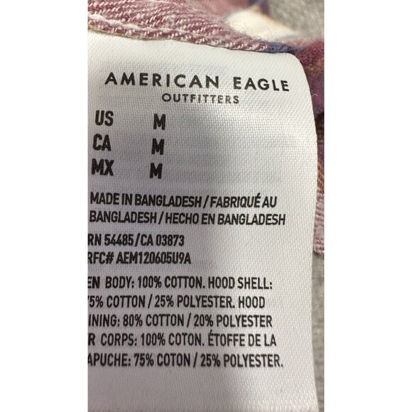 American Eagle Flannel Mens Medium Plaid Detachable Hood Grunge - Picture 8 of 9